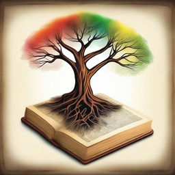 An inspirational illustration showcasing the Gospel theme 'Connected to the source', perhaps featuring a vibrant tree with roots deep into a book representing the Gospel.