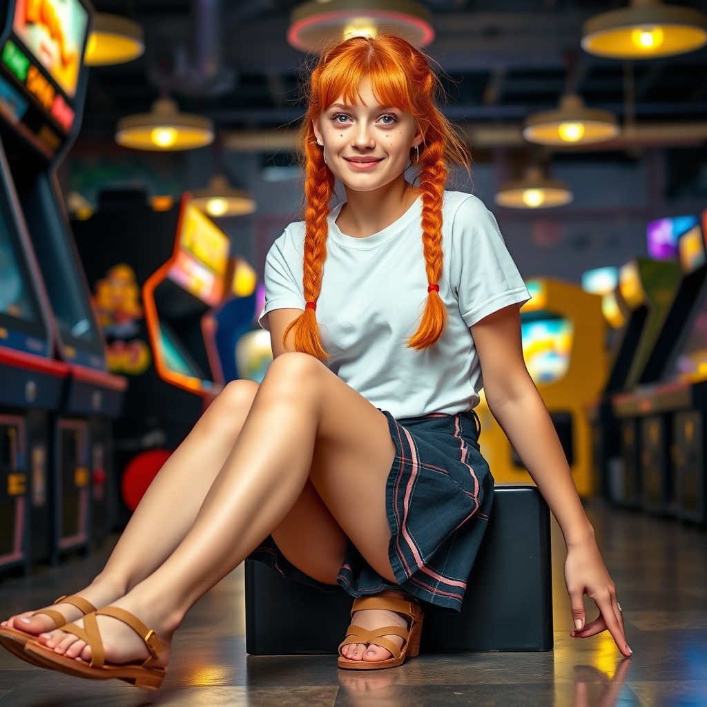 A teenage girl with bright orange hair styled in two braids, sitting and showcasing her freckles on her face