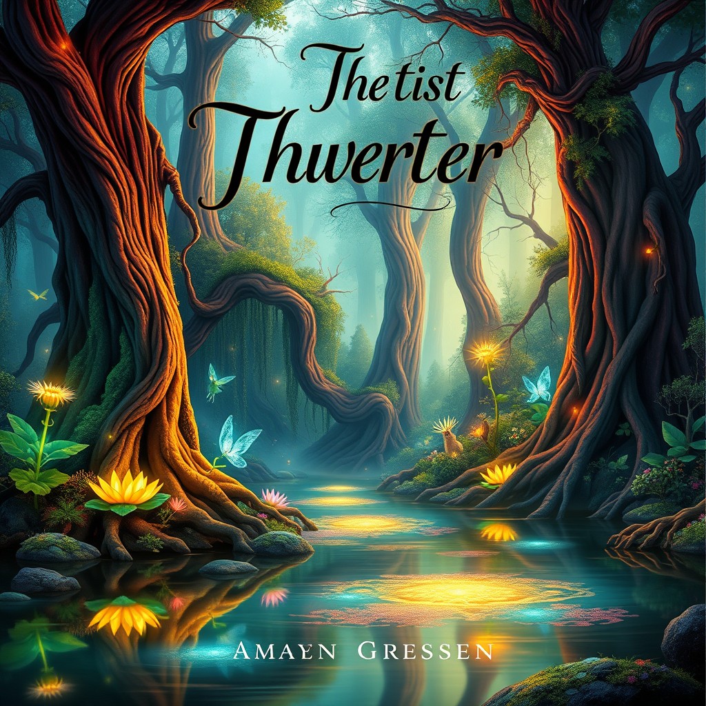 A book cover design that features a mystical forest scene with vibrant colors, showcasing tall, ancient trees with twisting roots and glowing plants