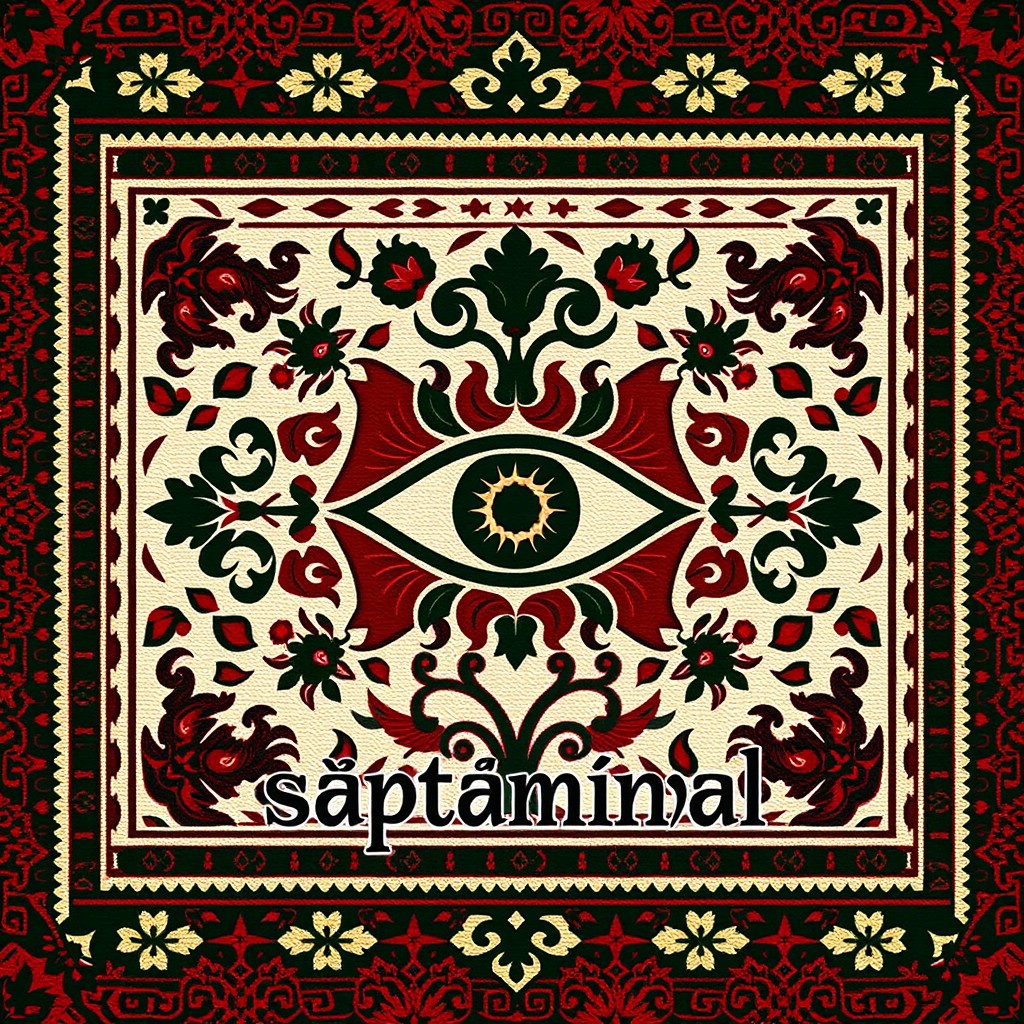 An album cover titled 'săptămînal', featuring a central stylized eye symbolizing introspection and vigilance