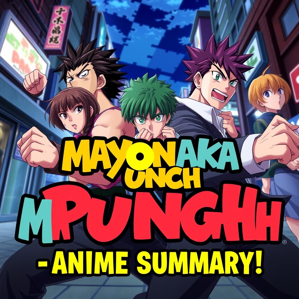 A vibrant and eye-catching YouTube thumbnail for a video summarizing the anime "Mayonaka Punch"