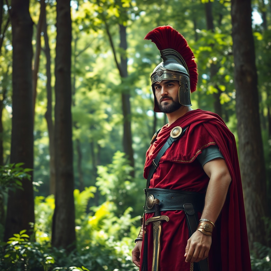 A Roman soldier standing confidently in a lush green forest, dressed in traditional armor with a red tunic, a plumed helmet, and a gladius sword at his waist