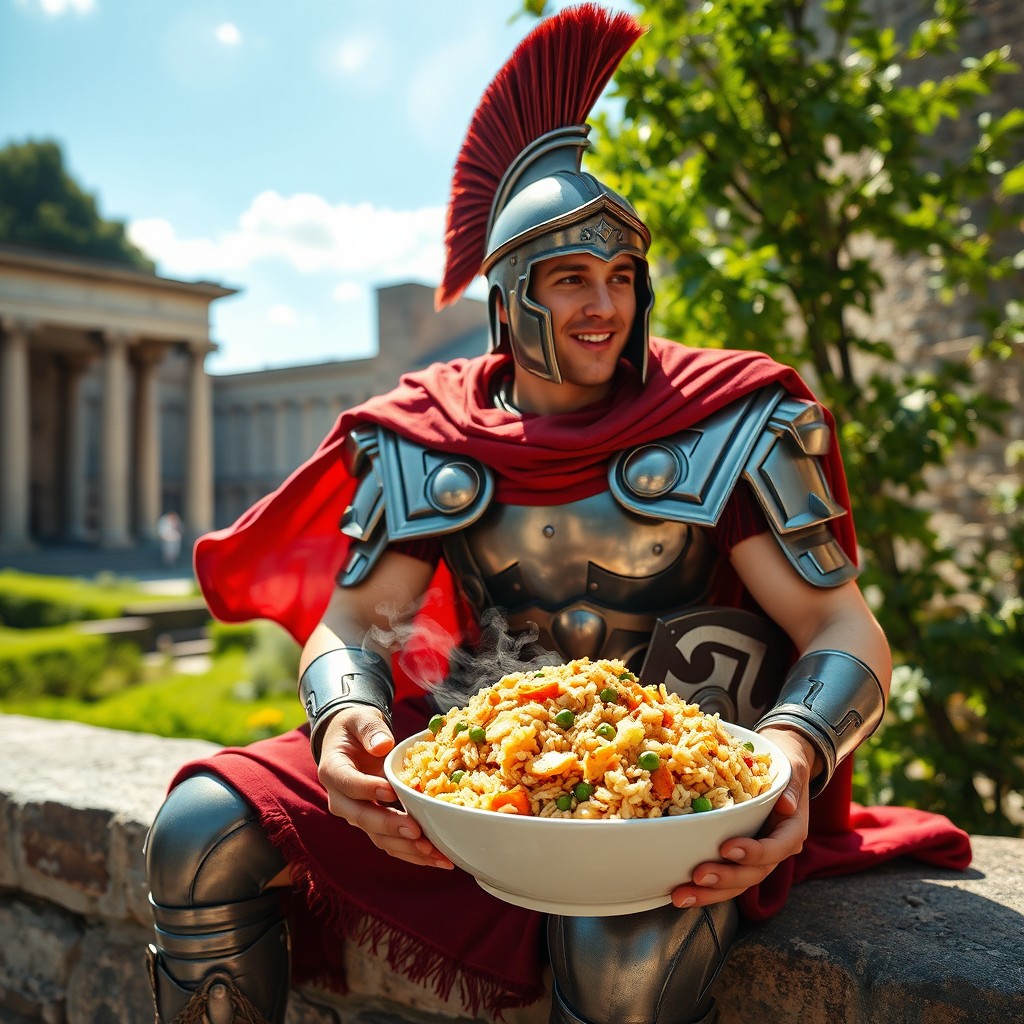 A Roman soldier in full armor, sitting on a stone wall, enjoying a bowl of fried rice