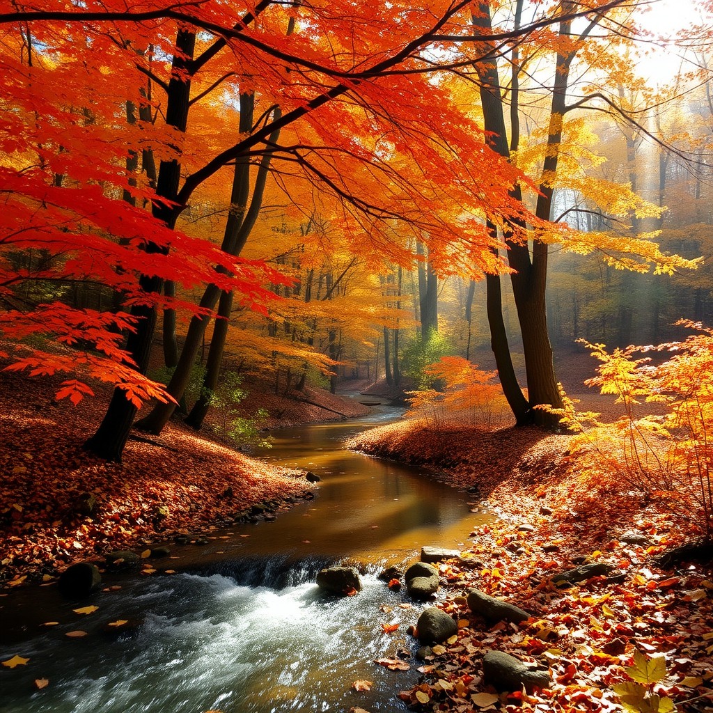 A peaceful autumn forest scene, showcasing vibrant orange, red, and yellow leaves on the trees