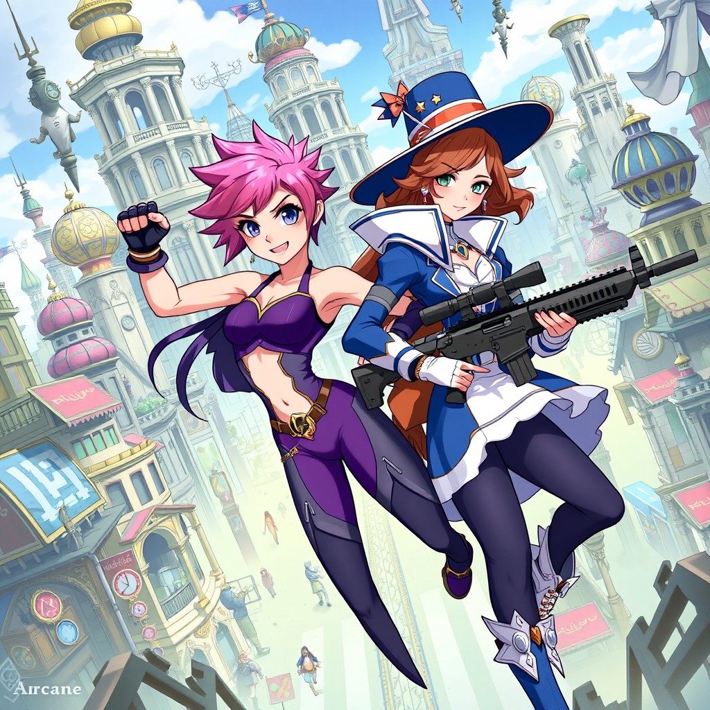 A dynamic illustration featuring two characters inspired by 'Arcane', Vi and Caitlyn