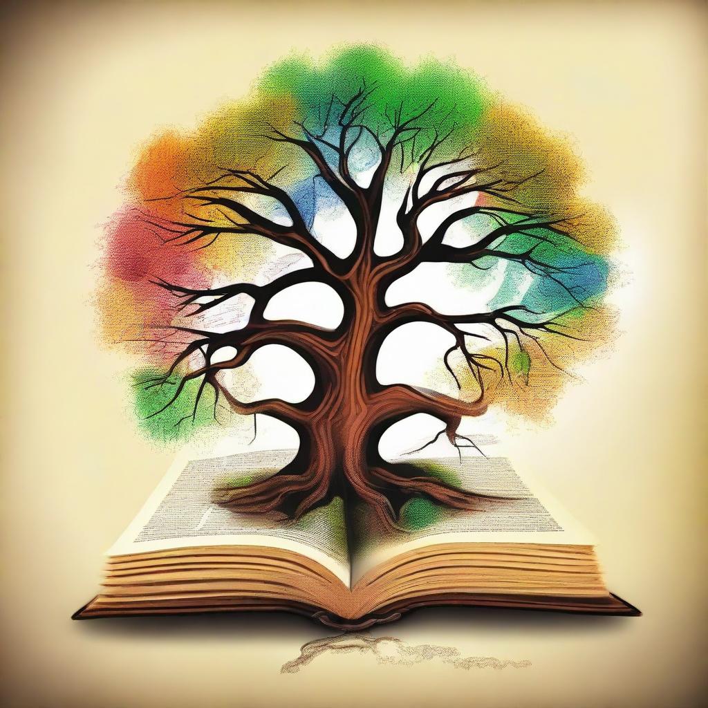 An inspirational illustration showcasing the Gospel theme 'Connected to the source', perhaps featuring a vibrant tree with roots deep into a book representing the Gospel.