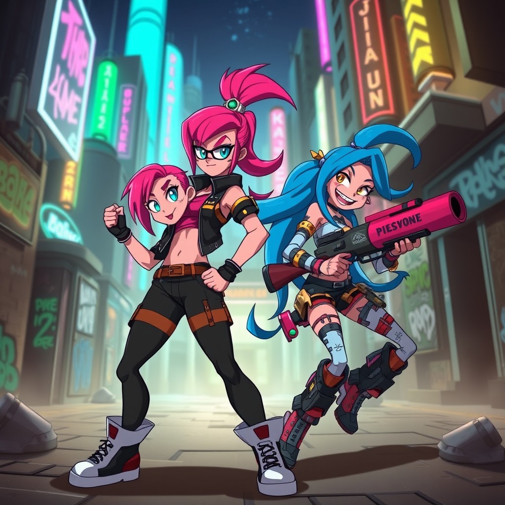 A dynamic scene featuring Vi and Jinx from the animated series 'Arcane', showcasing their vibrant personalities