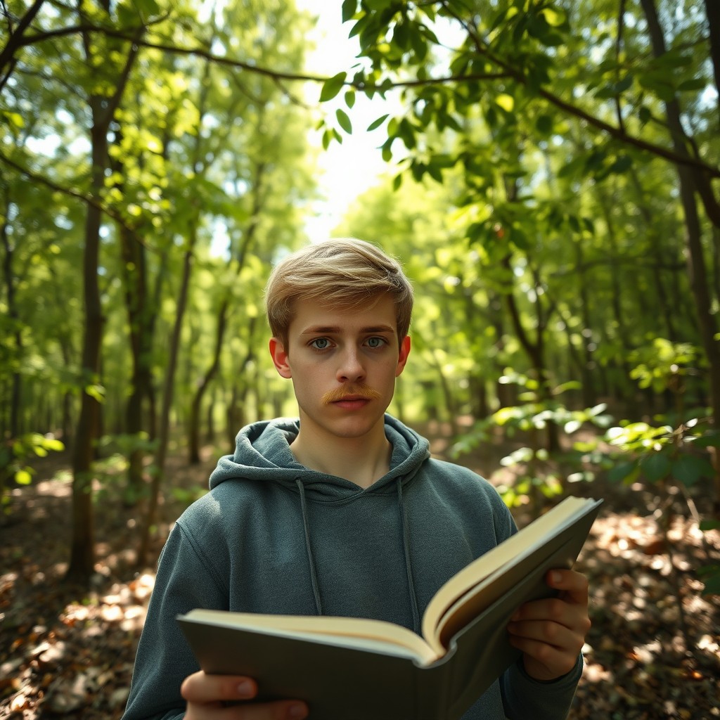 A natural scene featuring a focused student studying in a hazelnut forest