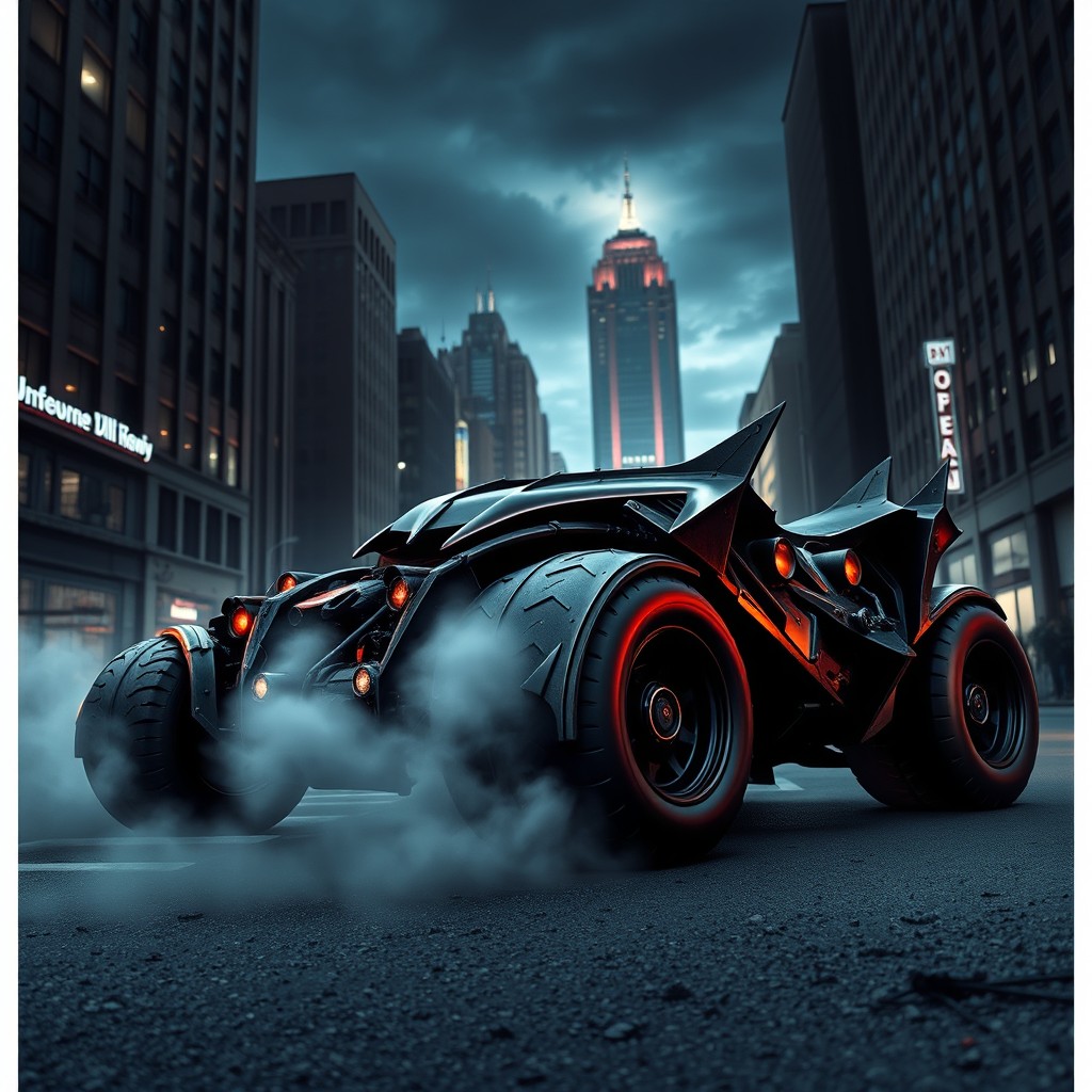 A highly detailed and dramatic scene featuring the Batmobile Tumbler from The Dark Knight Trilogy