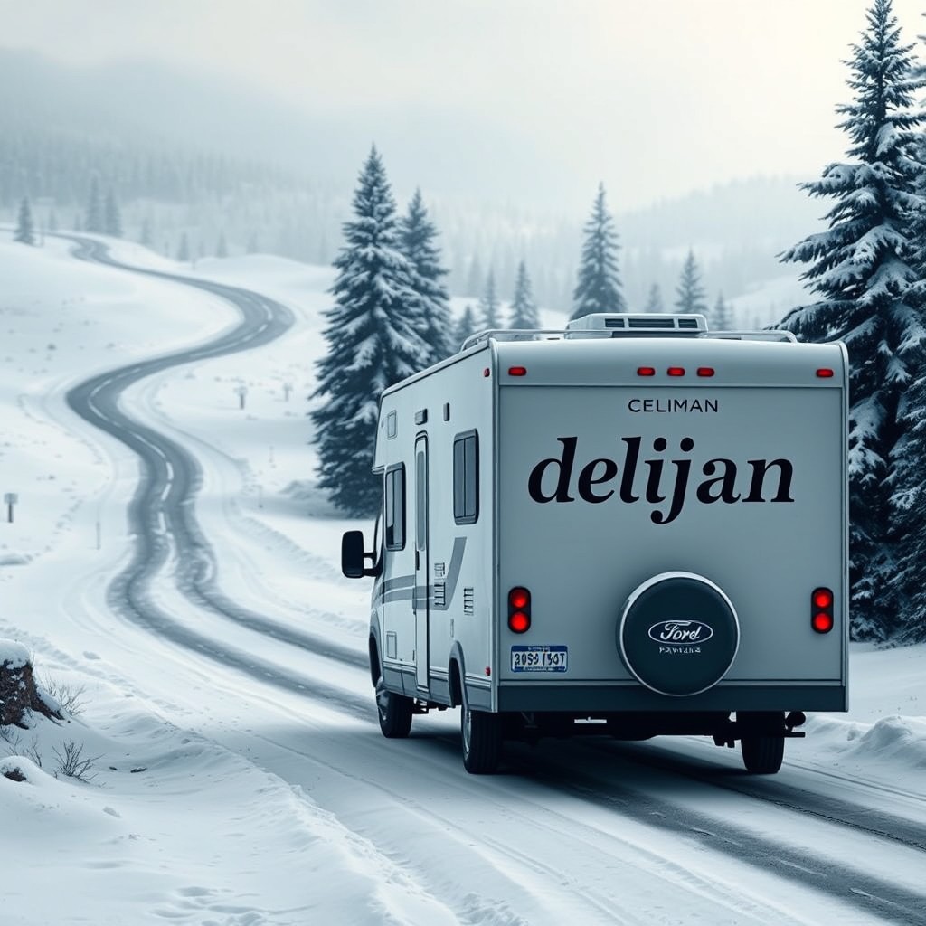 An artistic depiction of a camper in a snowy landscape with two winding roads leading into the distance