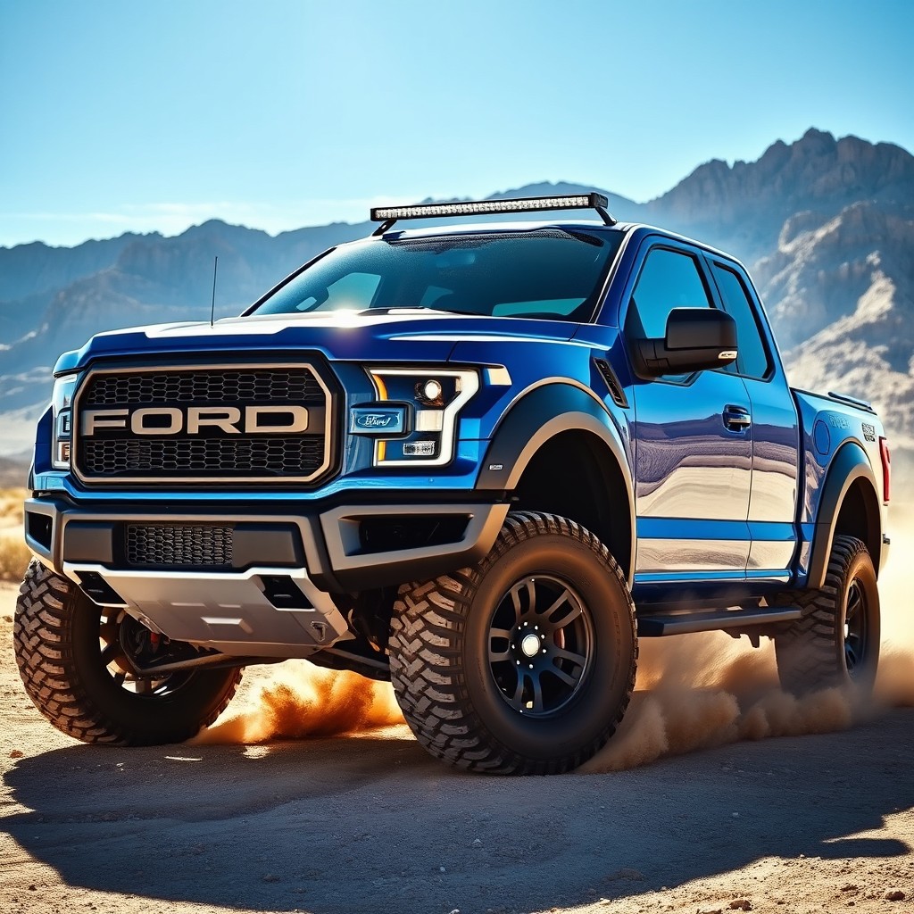 A powerful and rugged F-150 Raptor SVT parked in a desert landscape, showcasing its aggressive body design, bold front grille, and large off-road tires