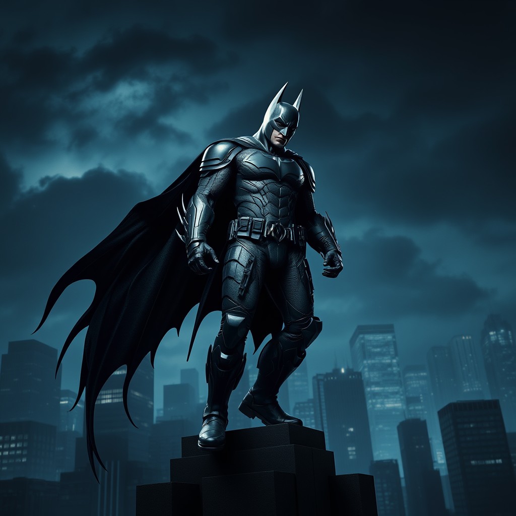 A dynamic and intense scene featuring a hybrid character combining elements of Batman from 'The Dark Knight Rises' and the Arkham Knight from the popular video game
