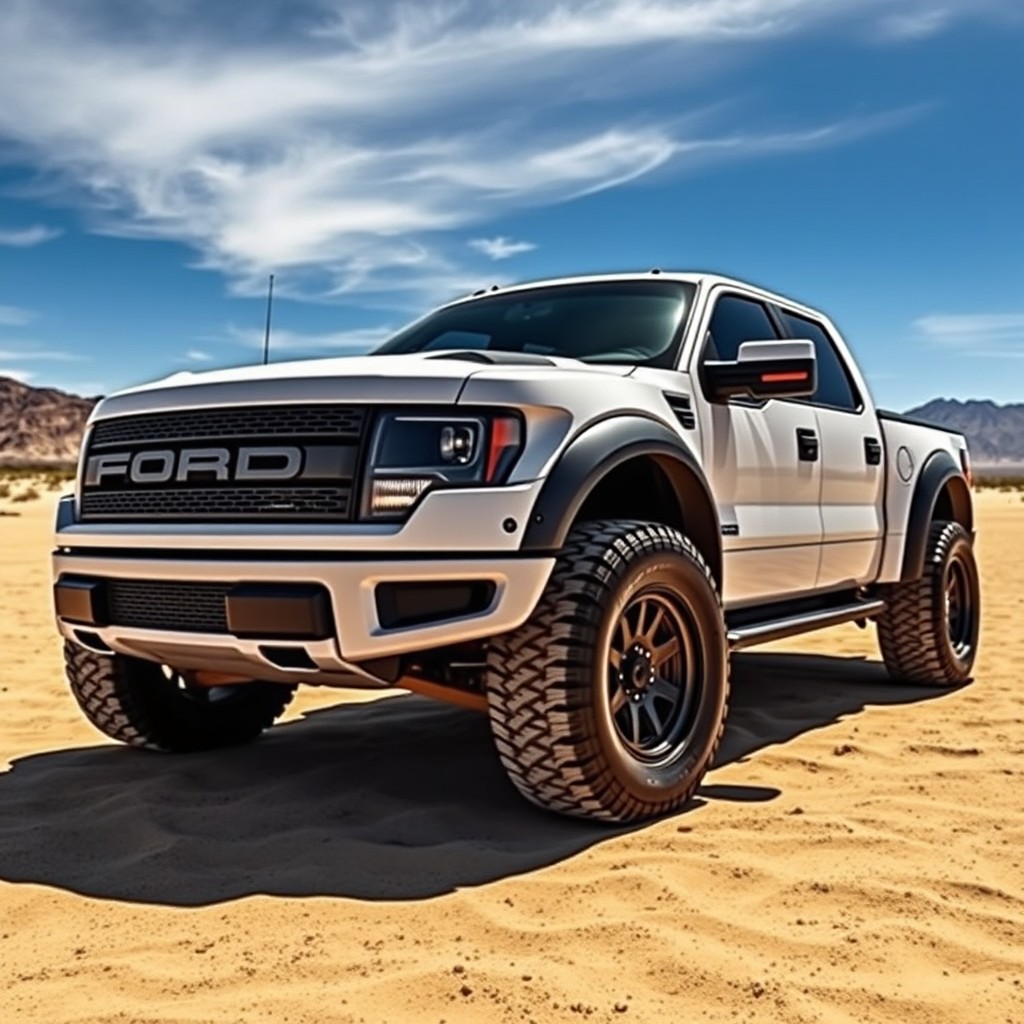 A stunning first generation 2010 Ford F-150 Raptor prerunner in a striking white color, featuring wide fenders that accentuate its rugged and aggressive stance