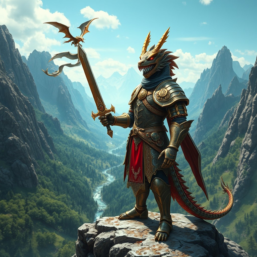 A majestic Dragon Knight standing proudly on a rocky cliff overlooking a mythical landscape filled with towering mountains and lush forests