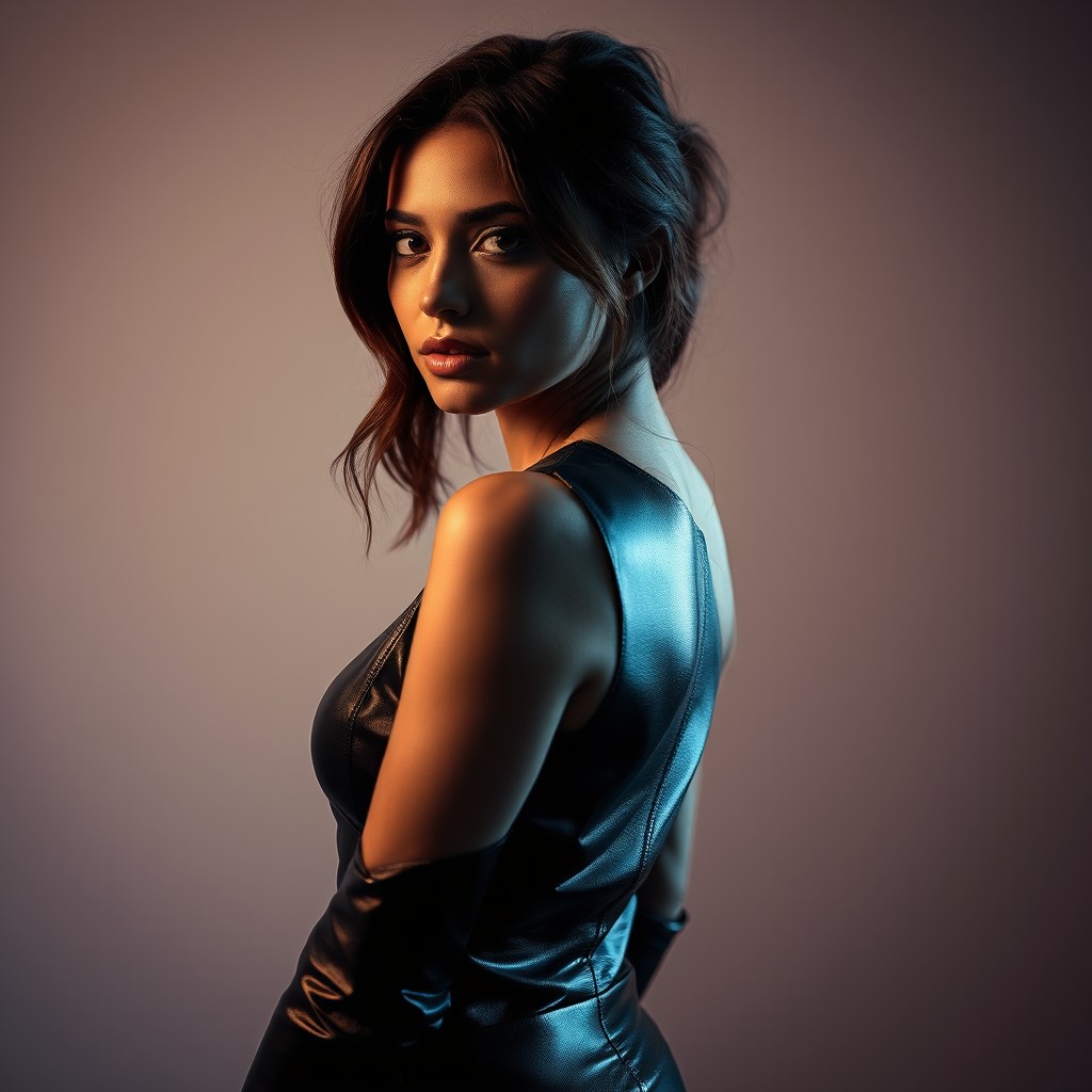 A captivating and artistic representation of a woman confidently adorned in sleek leather attire, focusing on the elegance of her figure and the striking contrast of the leather