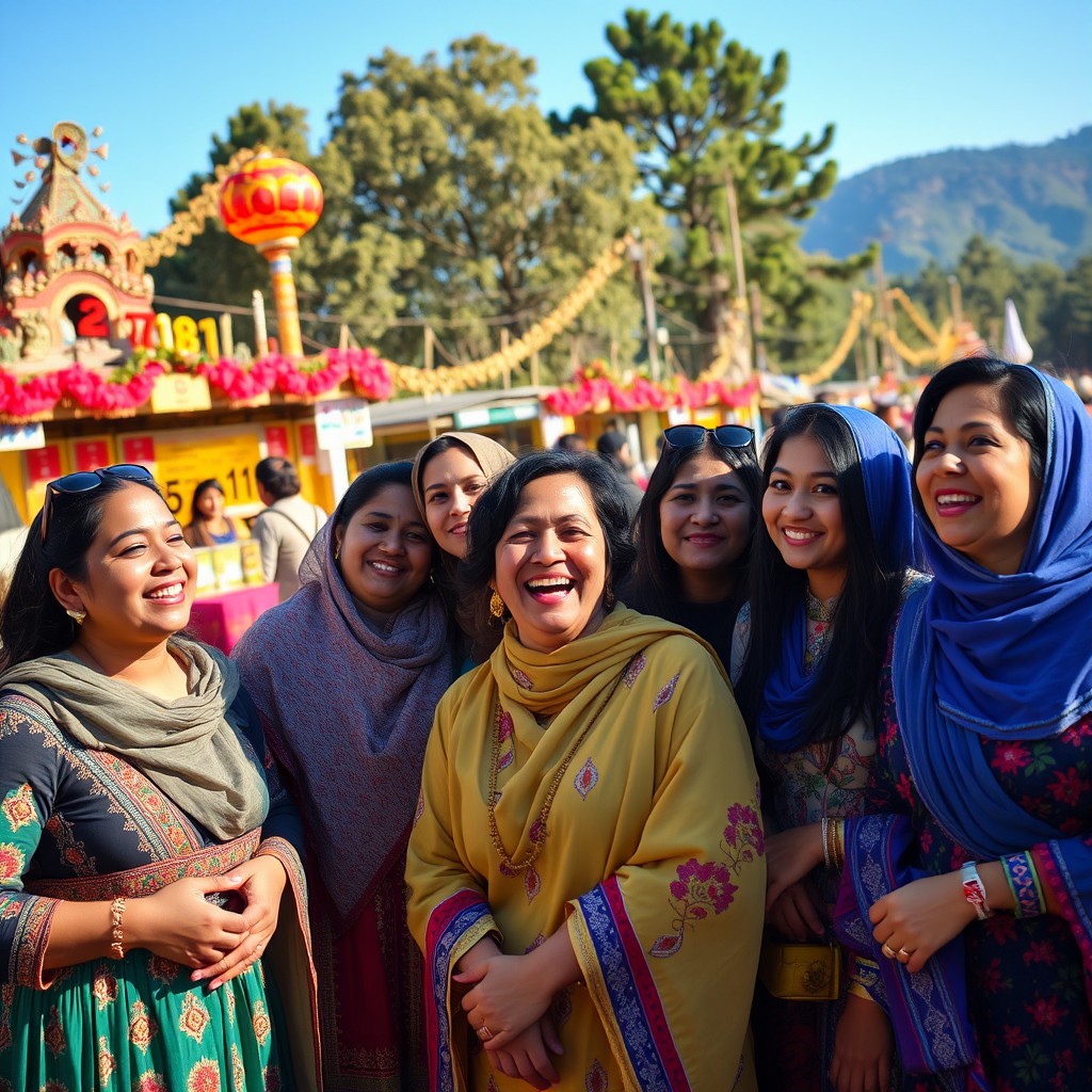 A group of diverse women of different ethnicities and ages enjoying a vibrant outdoor festival