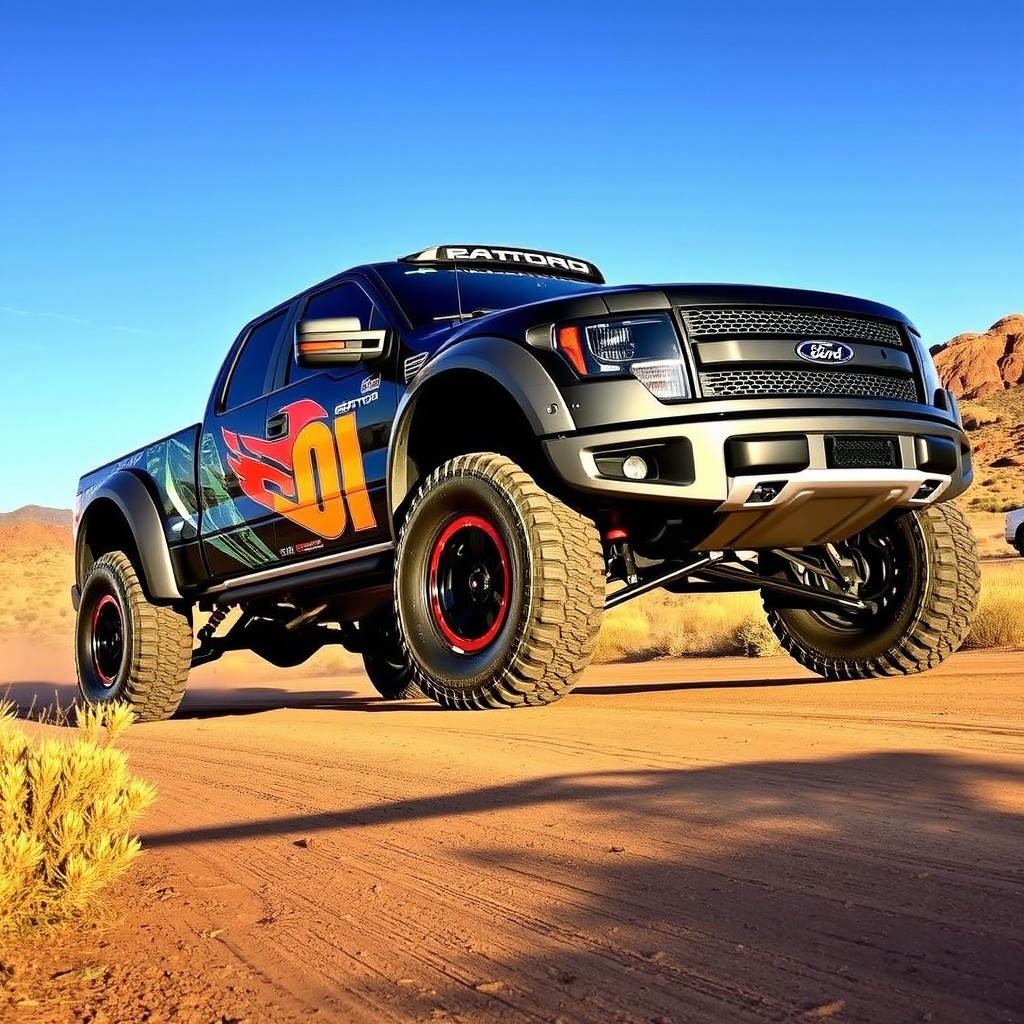 A stunning first-generation 2010 F-150 Raptor trophy truck, featuring an extended cab with wide fenders that enhance its aggressive stance