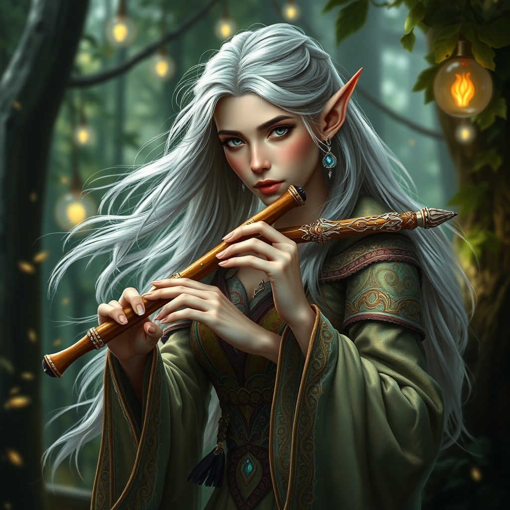 A photorealistic portrayal of an enchanting noble female elf bard elegantly playing an ornamented transverse flute
