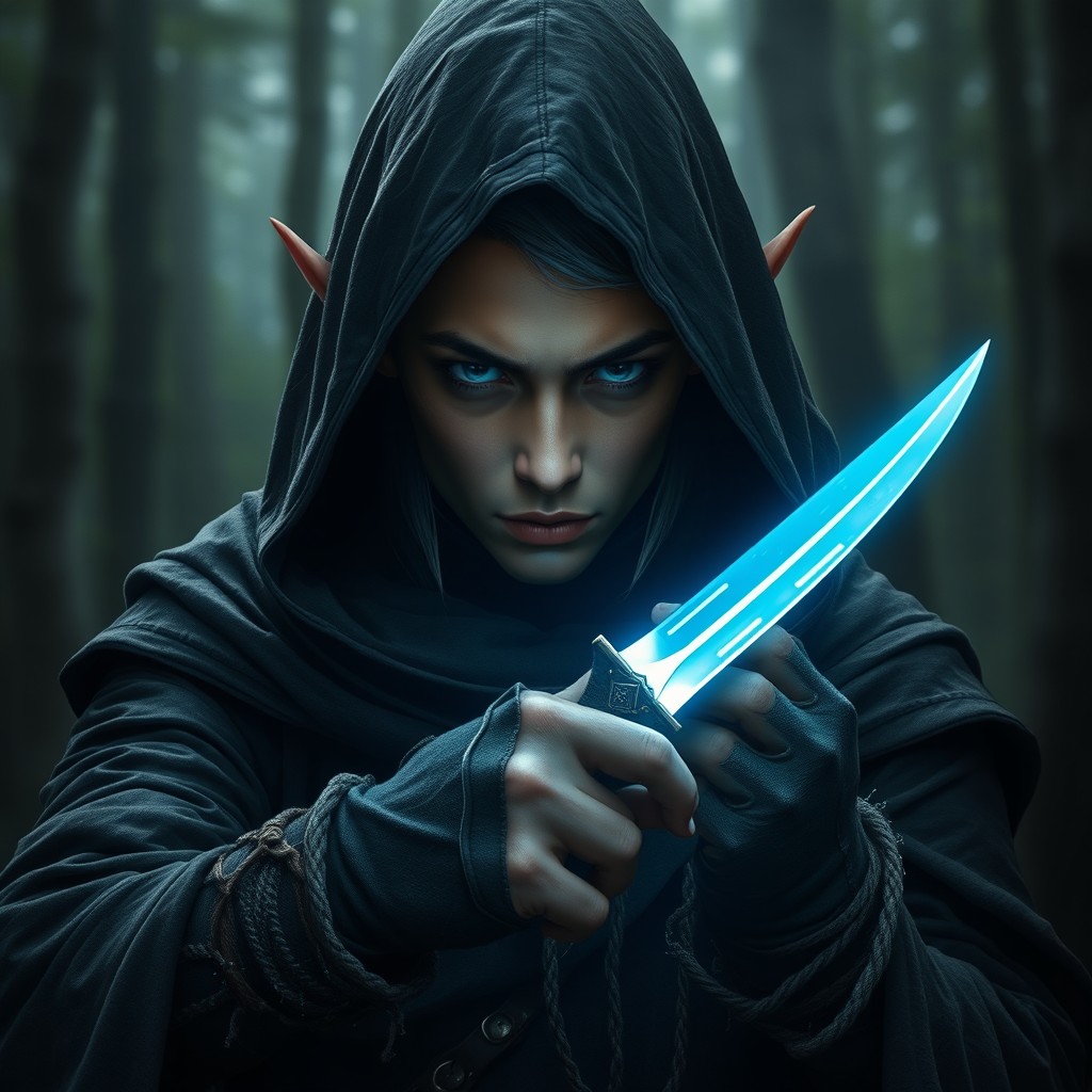 A captivating portrait of an elf rogue, shrouded in shadow, skillfully holding a glowing dagger