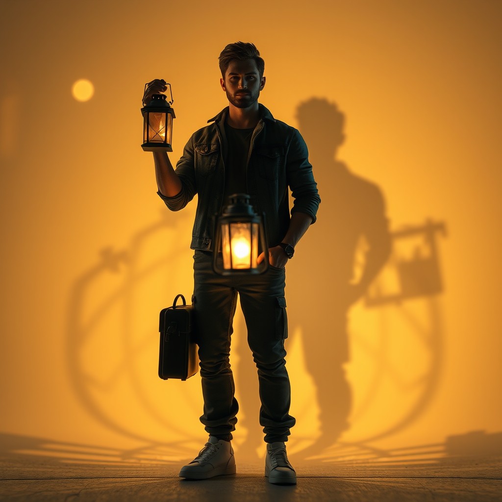 A human figure of a man holding an object, with an intriguing and creative shadow cast on the surface behind him
