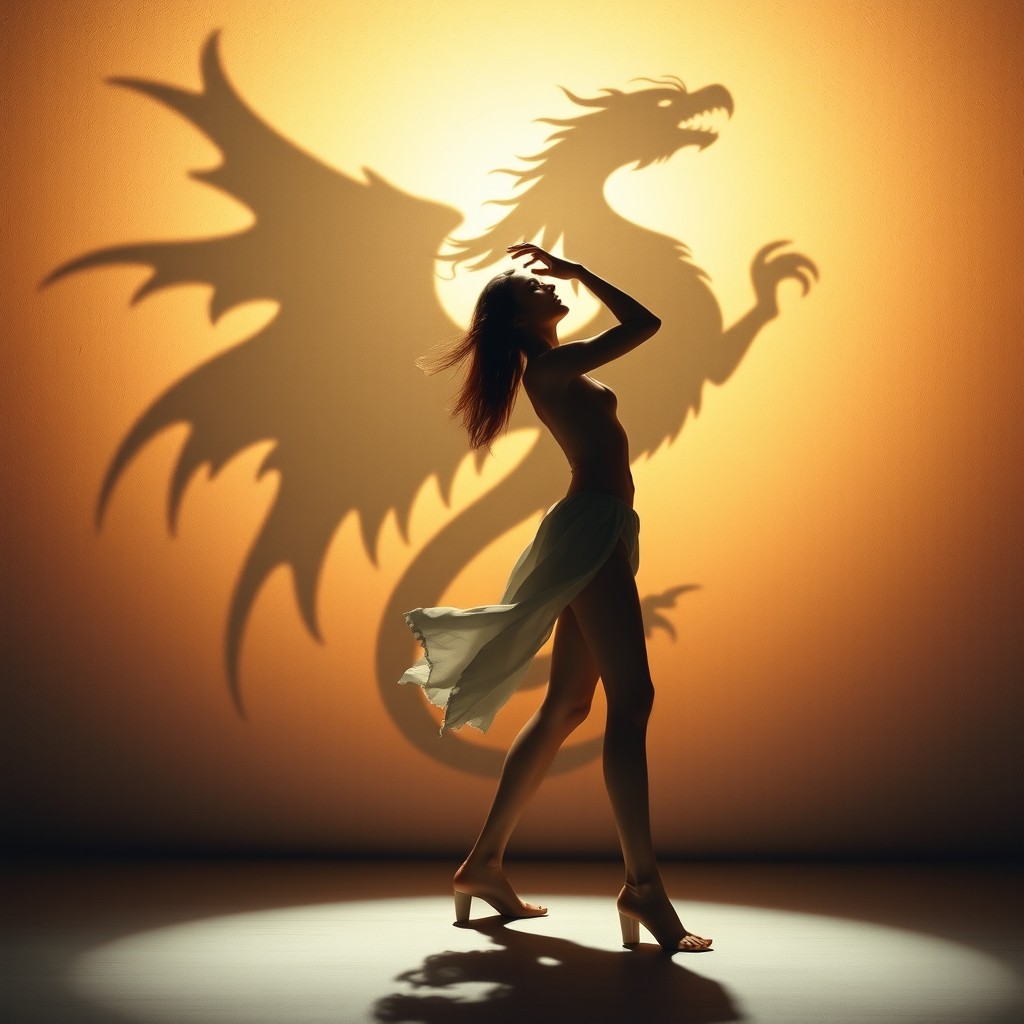 A human figure standing elegantly in a dramatic pose, cast in a bright light that creates a striking shadow on a textured wall behind