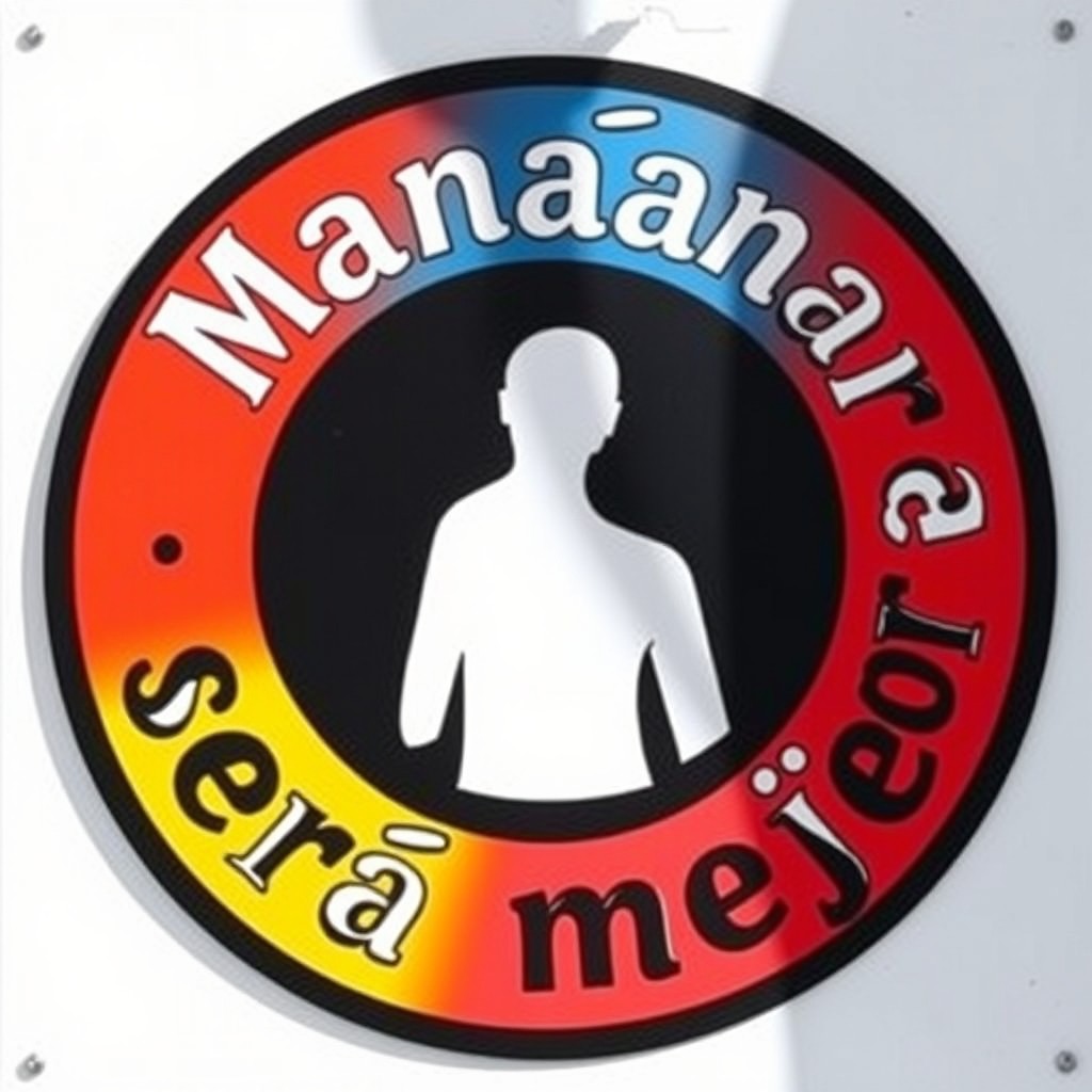 A visually striking sign featuring a black and white circle that contains a human silhouette, surrounded by vibrant colors that capture attention