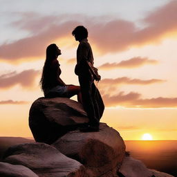 A side profile of a girl perched on a rocky cliff during sunset, with a man looking at her from below, a guitar casually resting on his shoulder.