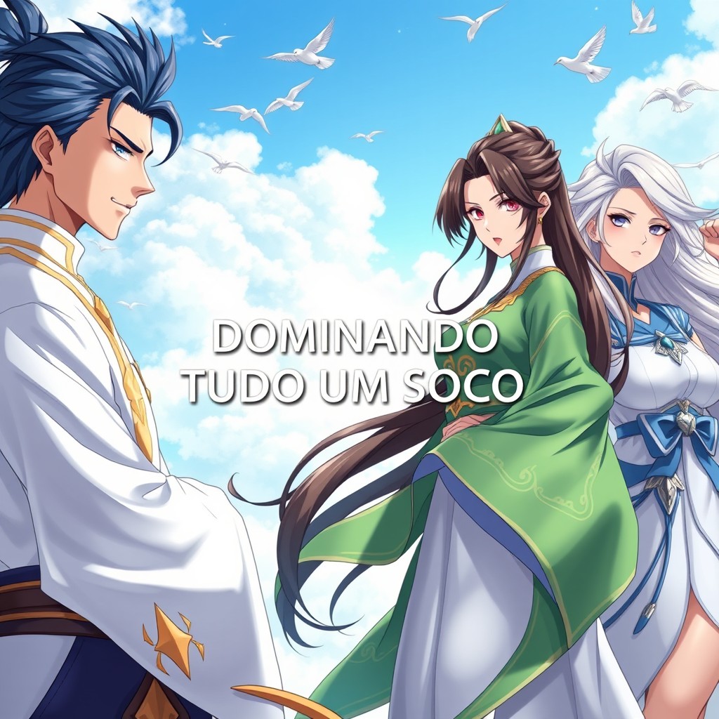 A digital anime-style illustration for a YouTube banner, featuring a confident male cultivator with dark blue hair on the left, wearing a white outfit adorned with stunning gold details