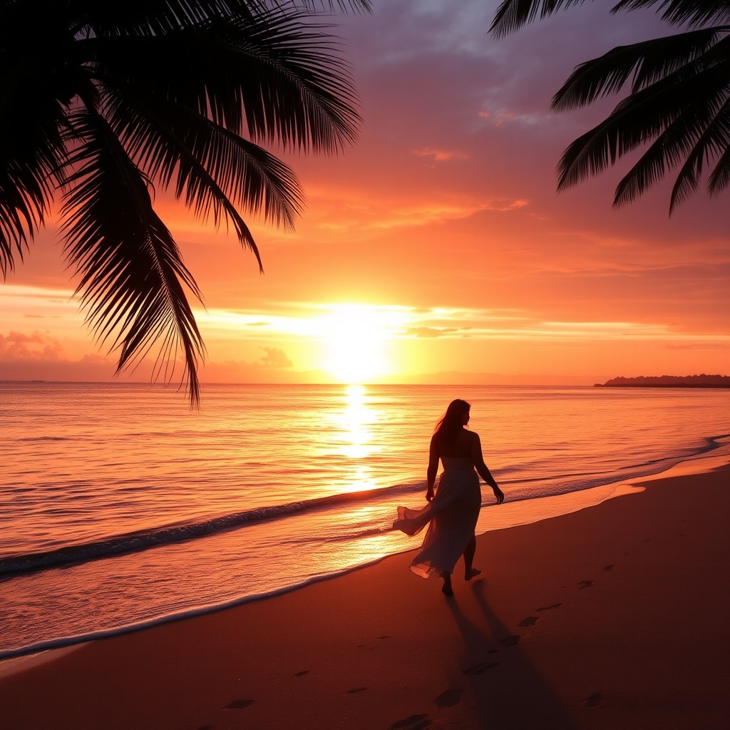 A beautiful sunset over a serene beach, with gentle waves lapping at the shore
