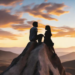 A side profile of a girl perched on a rocky cliff during sunset, with a man looking at her from below, a guitar casually resting on his shoulder.