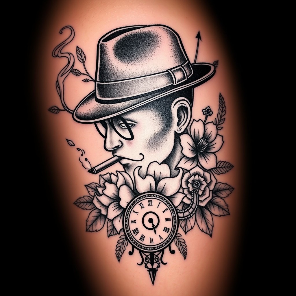 An intricate tattoo design inspired by Thomas Shelby, the iconic character from the series Peaky Blinders