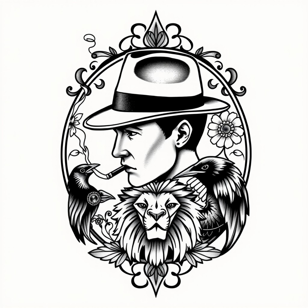 An elegant tattoo design inspired by Thomas Shelby, the striking character from Peaky Blinders