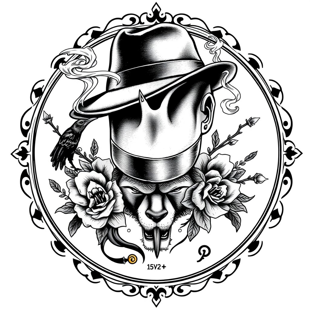 A detailed tattoo design inspired by Thomas Shelby from Peaky Blinders