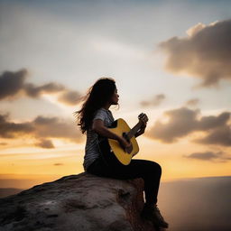 A side profile of a girl perched on a rocky cliff during sunset, with a man looking at her from below, a guitar casually resting on his shoulder.