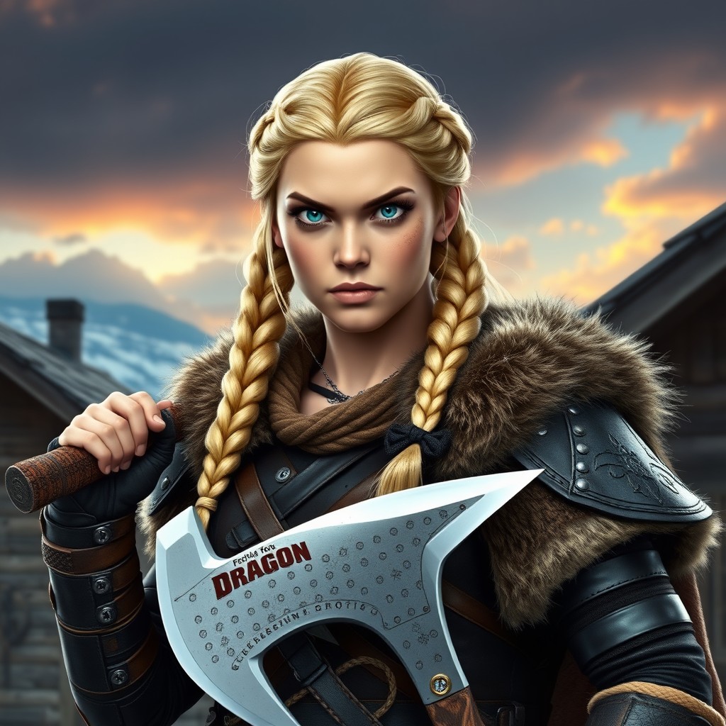 A strong and confident female character inspired by Astrid from How to Train Your Dragon, with striking blonde hair styled in braids and a fierce expression