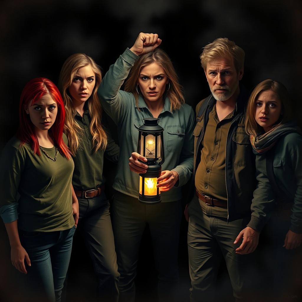 A scene depicting a red-haired woman, a blonde woman, a white woman, a black man, and two light brown-haired men, all standing together in a dark, eerie environment