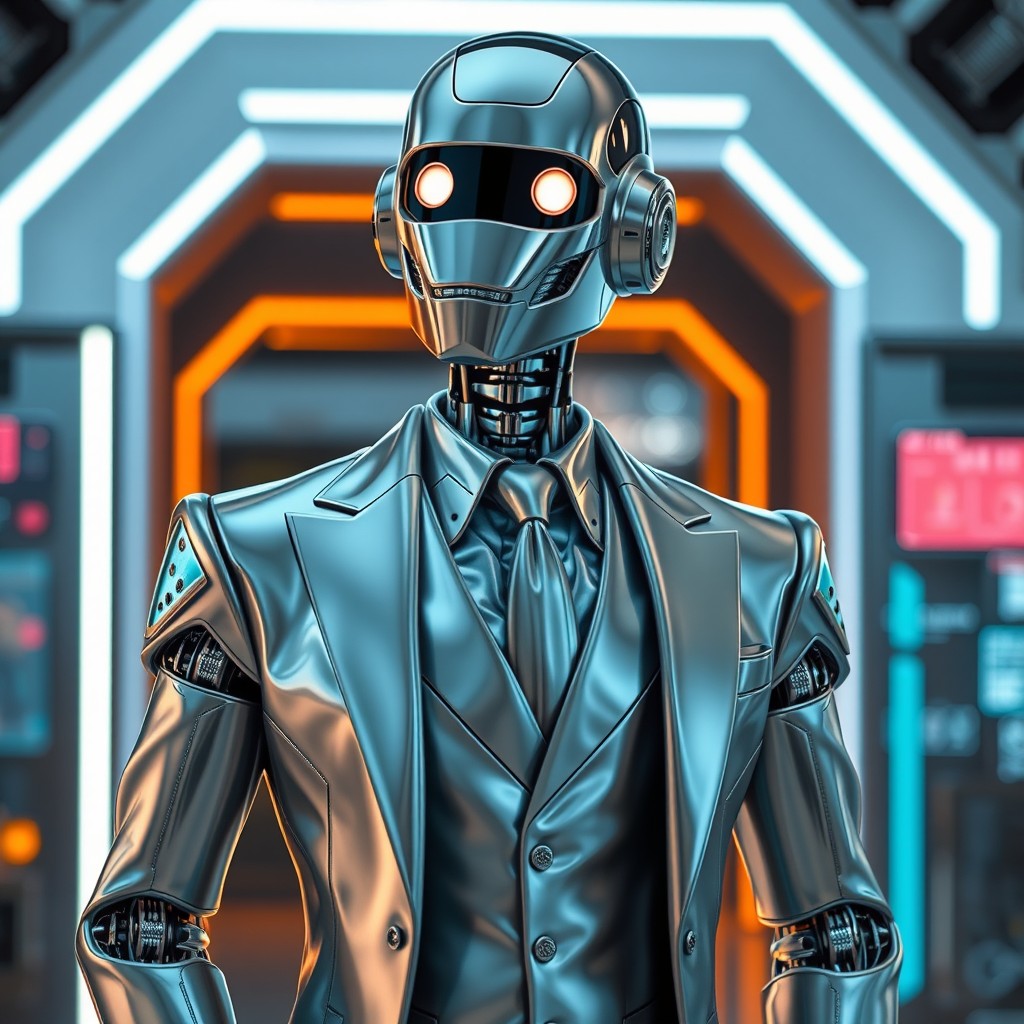 A futuristic robot dressed in a sleek, elegant suit, exuding charm and sophistication