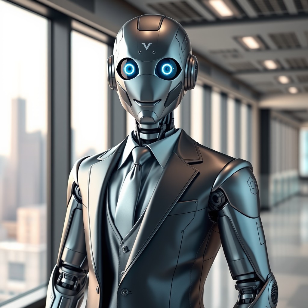 A futuristic robot dressed in a sleek, tailored suit, standing confidently in a modern office environment
