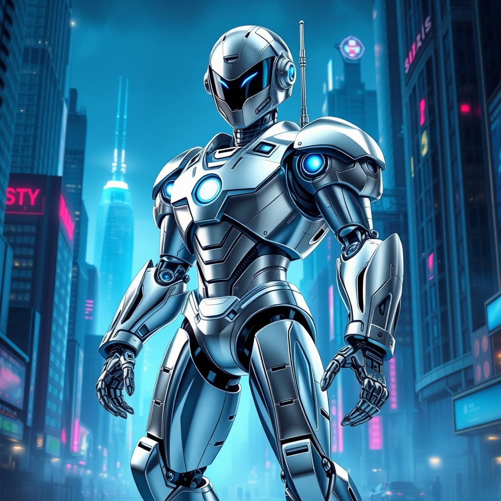 A stylized robot designed in a sleek metallic suit, featuring shiny chrome and intricate mechanical details