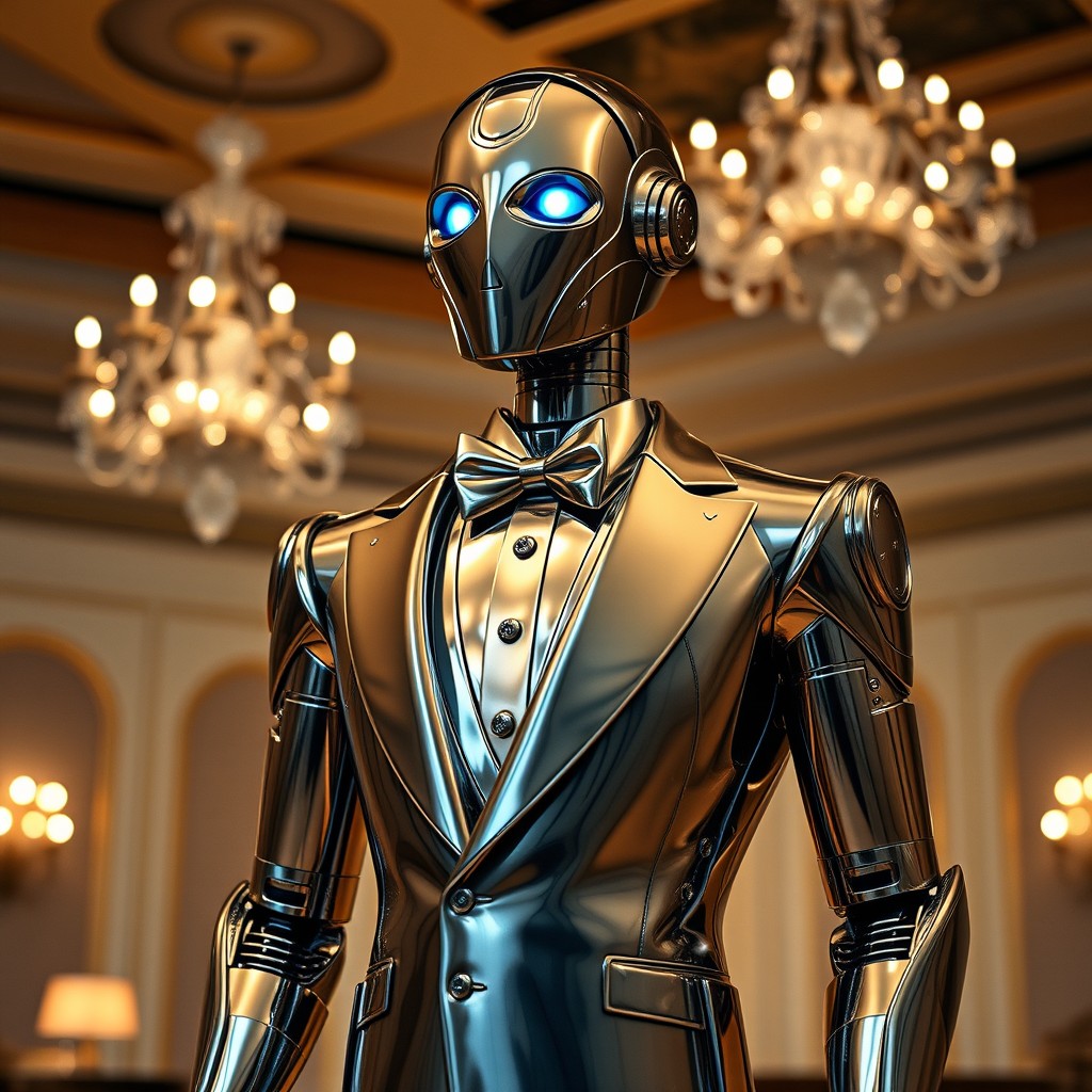 A sleek, futuristic robot designed with a suit and tie, reminiscent of a classic tuxedo