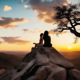 A side profile of a girl perched on a rocky cliff during sunset, with a man looking at her from below, a guitar casually resting on his shoulder.