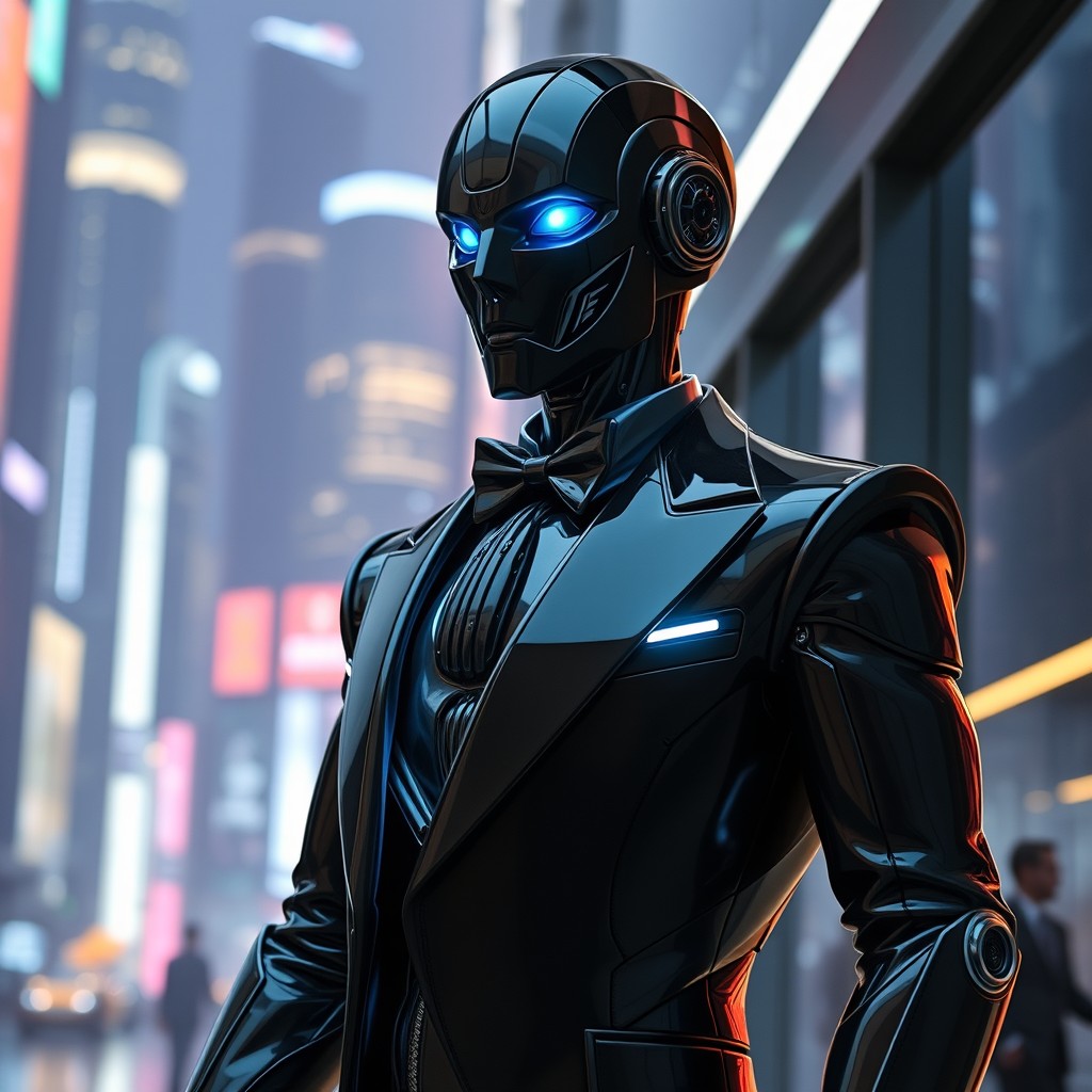 A sleek robot wearing a stylish black smoking suit made of polished metal, featuring glowing LED strips integrated into the suit's design