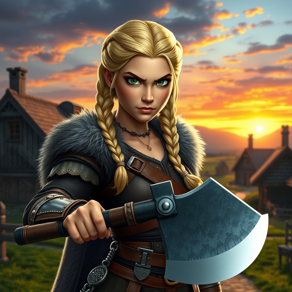 A strong and confident female character inspired by Astrid from How to Train Your Dragon, featuring iconic blonde hair styled in braids, with a fierce and determined expression