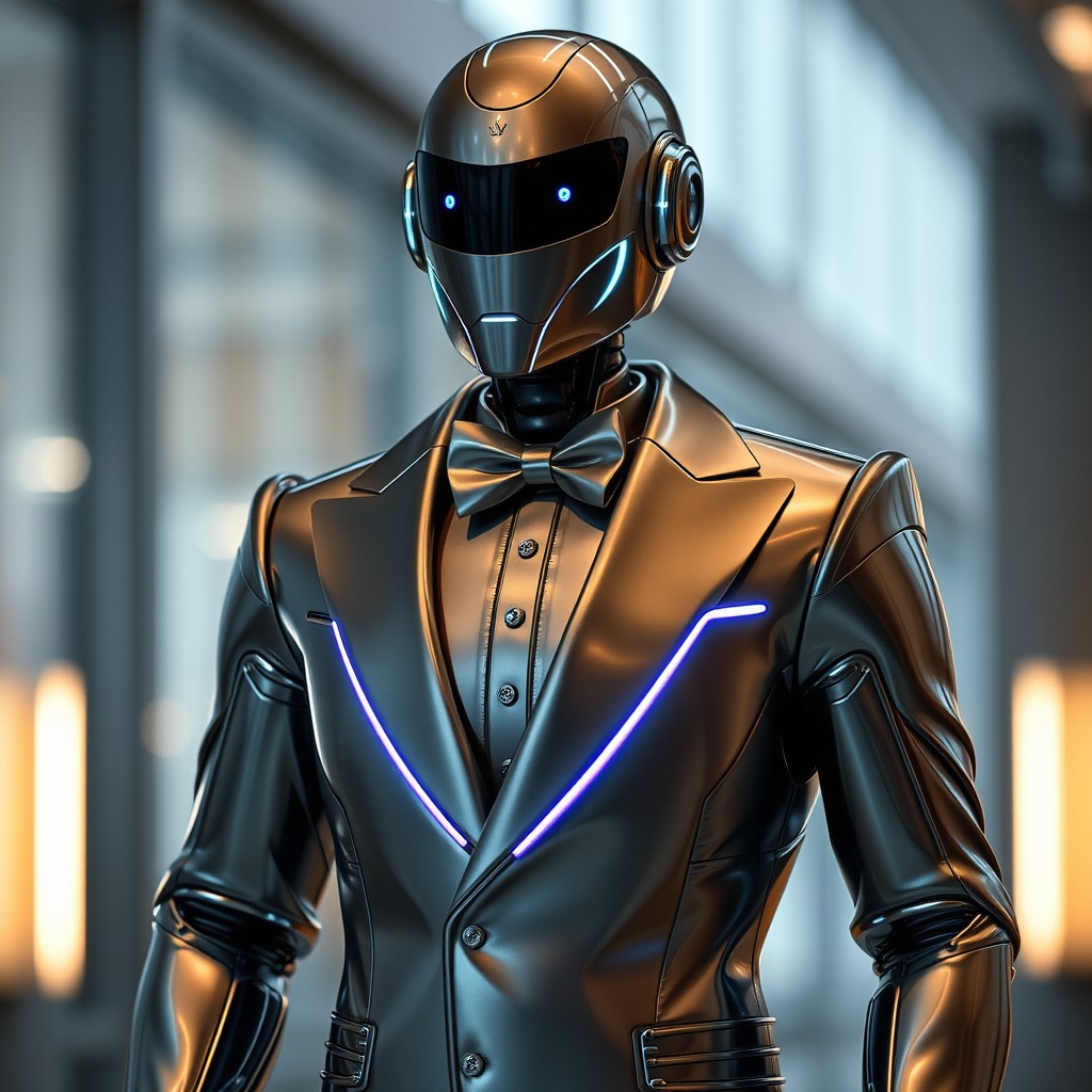 A futuristic robot dressed in a sleek metallic tuxedo, resembling a classic suit with elegant lapels and a bow tie