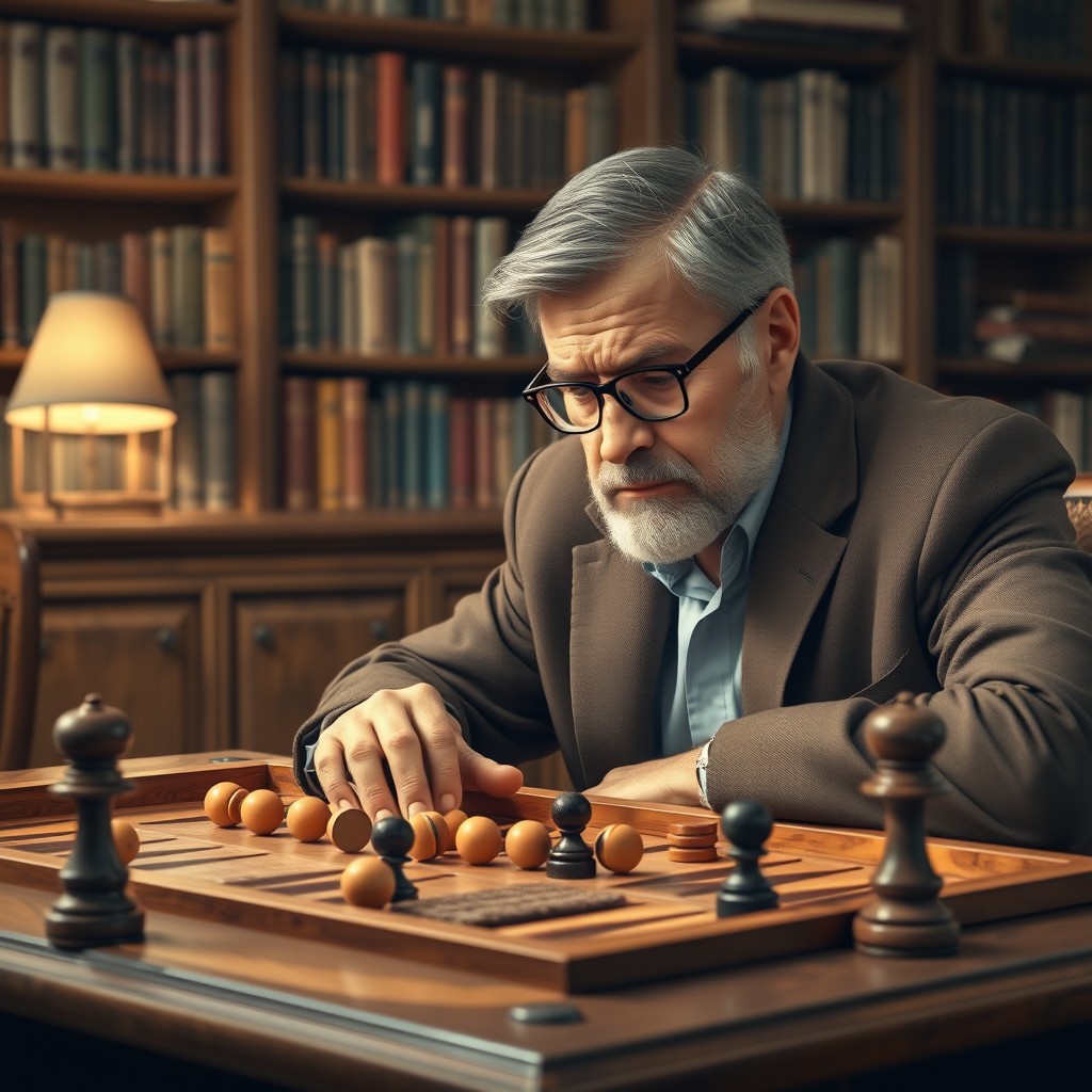 An artistic representation of a serious backgammon player deep in thought while strategizing their next move