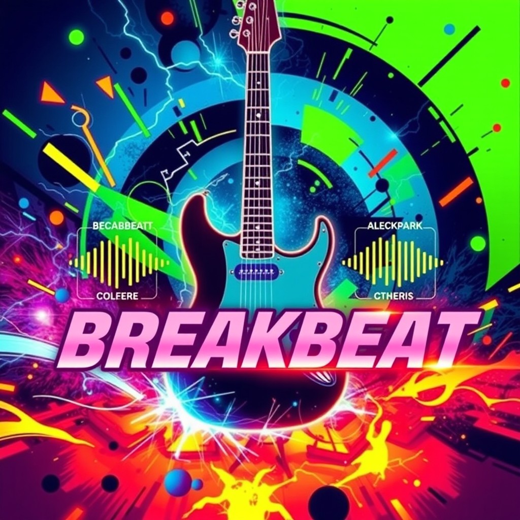A vibrant and dynamic cover art for a track in the breakbeat genre, featuring an electrifying electric guitar as the main instrument