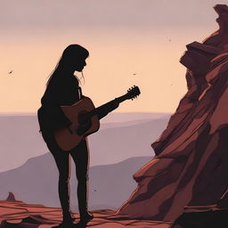 A from-side profile of a girl on a rocky cliff at sunset, visually engaged by a distant man who carries his guitar on his shoulder.