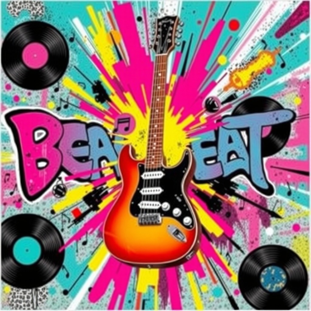 A dynamic and colorful album cover in the breakbeat style, featuring a prominently displayed electric guitar as the main instrument