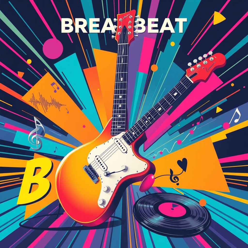 An energetic and visually striking album cover in the breakbeat style, showcasing an electric guitar as the focal instrument