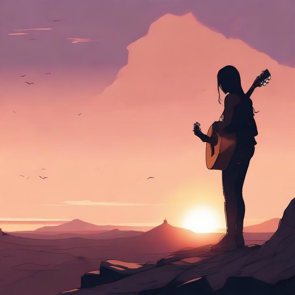 A from-side profile of a girl on a rocky cliff at sunset, visually engaged by a distant man who carries his guitar on his shoulder.